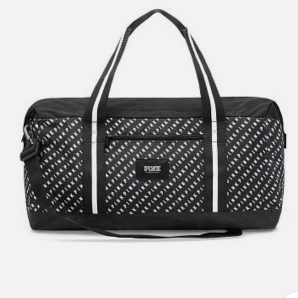 Pink by Victoria's Secret Black White Logo Large Duffel Gym Bag Detachable Strap